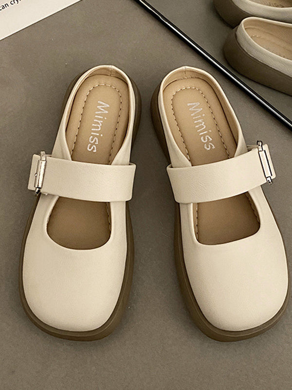 Belt Buckle Round-toe Shallow Cut Split-joint Platform Shoes Slippers&mules