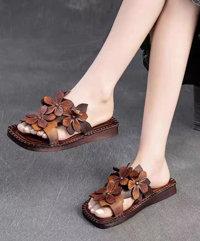 Handmade Cowhide Leather Yellow Green Slide Sandals Oi025