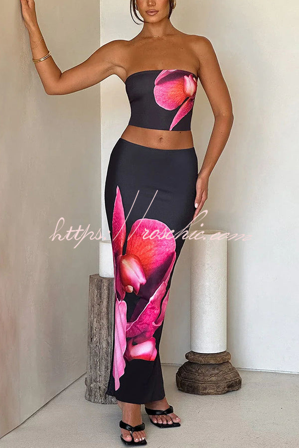 Allegra Abstract Print Stretch Strapless Tank and Elastic Waist Maxi Skirt Set
