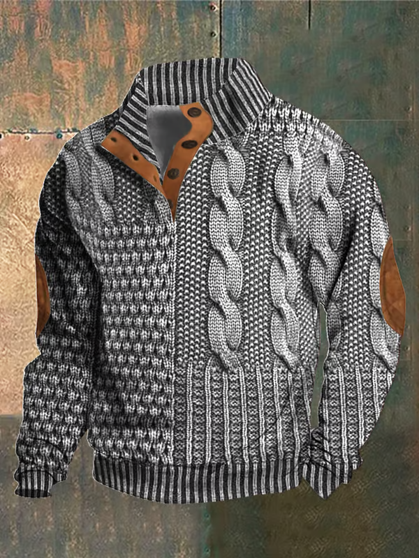 Men's Casual Retro Print Stand Collar Button Sweatshirt elevenforest