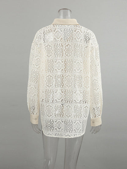 Long Sleeves Loose Buttoned Hollow See-through Color Sun Protection Lapel Collar Blouses&shirts Tops