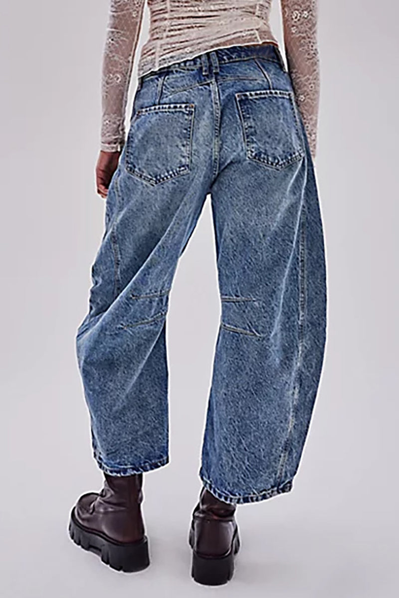 Pocket Without Belt Mid Waist Loose Denim Jeans(no Belt)