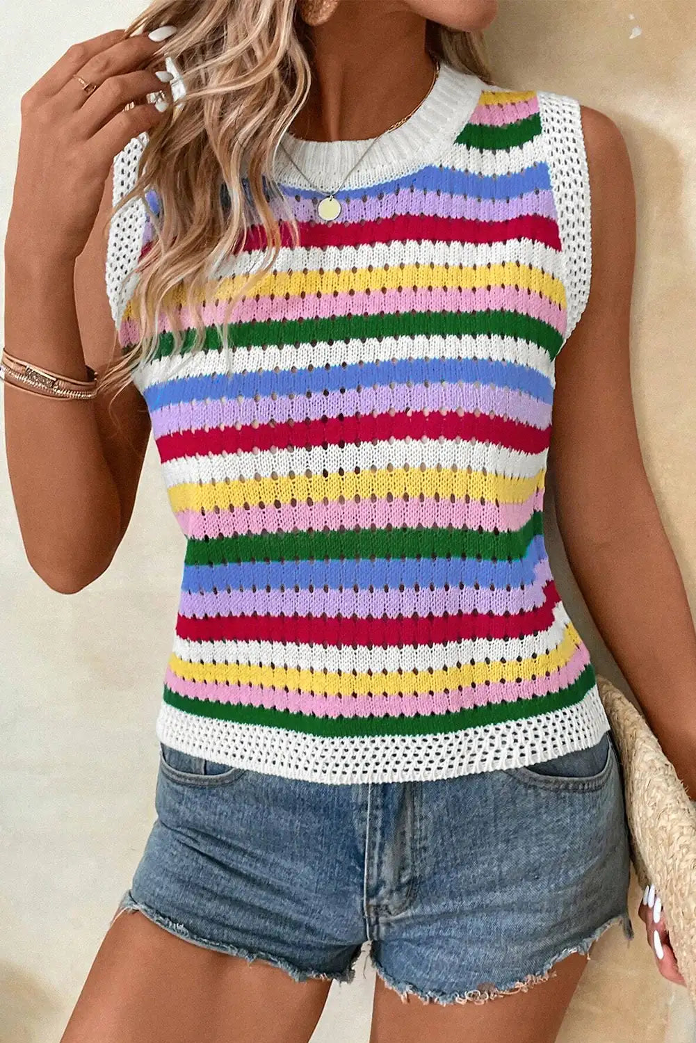 Striped Knitted Eyelet Sweater Vest