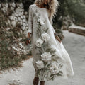 Women's Classic Romantic White Rose Embroidery Art Comfy Linen Maxi Dress artswardrobe