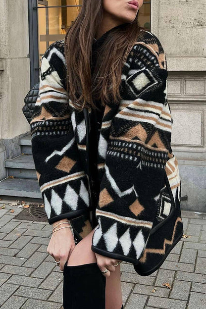 Street Geometric Print Pocket U Neck Outerwear