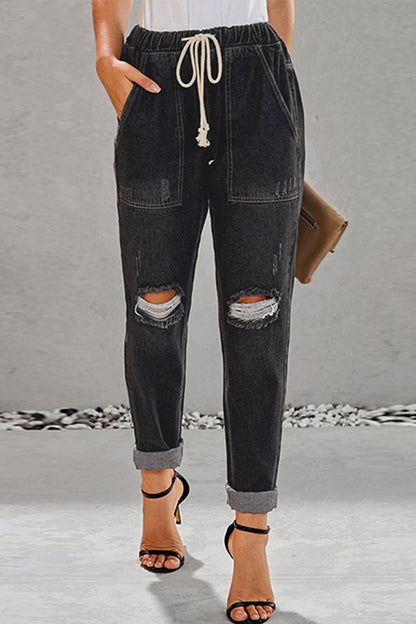 Street Color Ripped Draw String Pocket Denim Jeans(4 Colors)