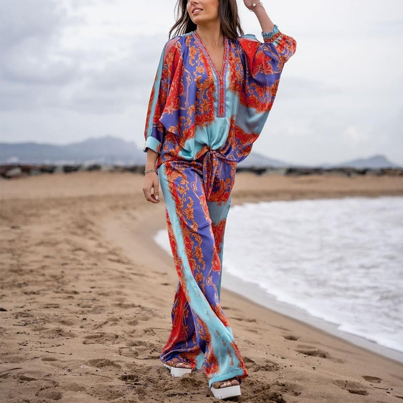 Spring Summer Clothing Printed Long Sleeved Top Straight Pants Suit