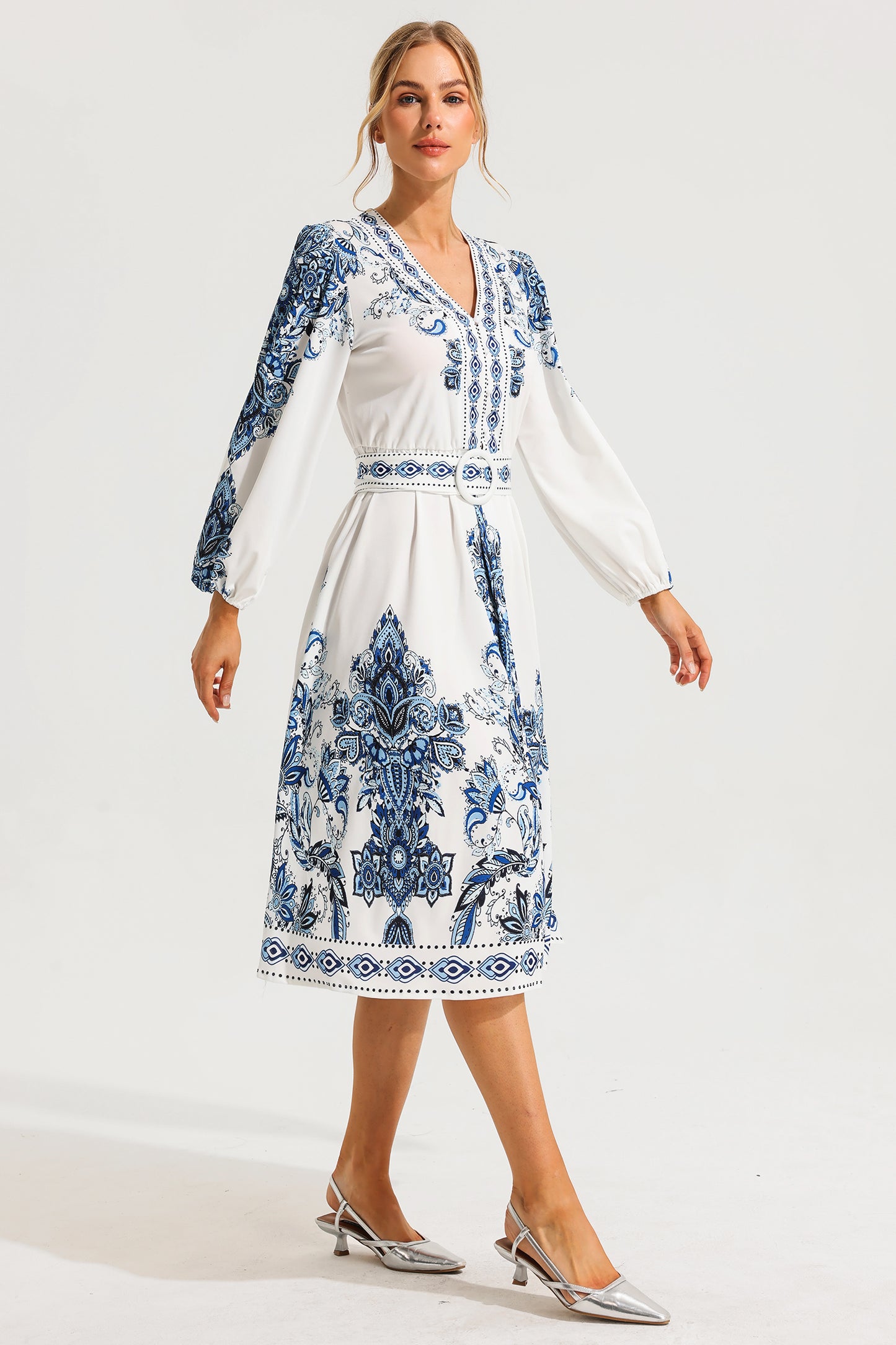 Paisley Single Breasted Long Sleeve Mini Dress With Belt