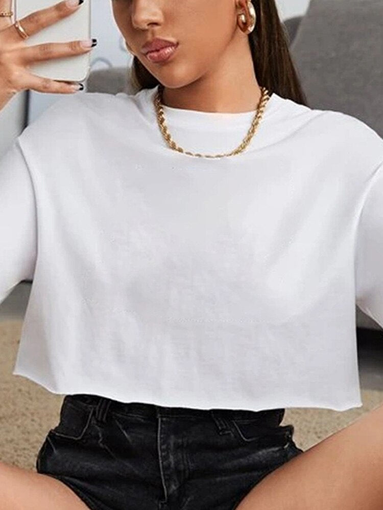 Harajuku Shirt Funny Y2k Crop Tops Black Femme Navel T-shirt Round Neck Short Loose Tee Shirt Summer