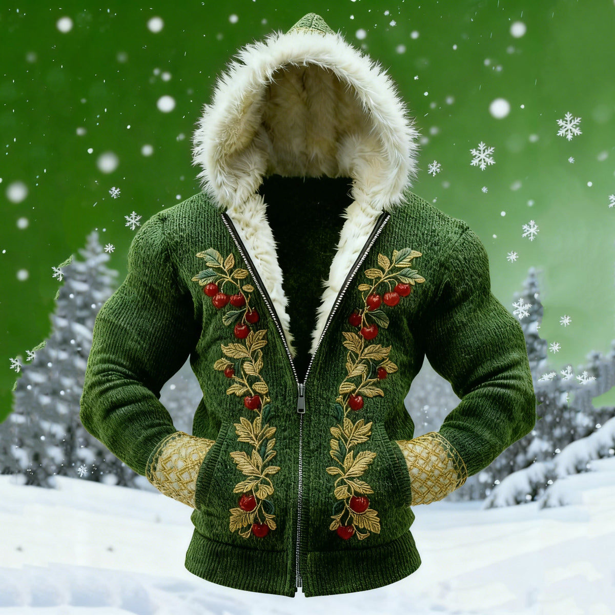 Comstylish Men's Christmas Holly Fur Collar Zip-up Hoodie