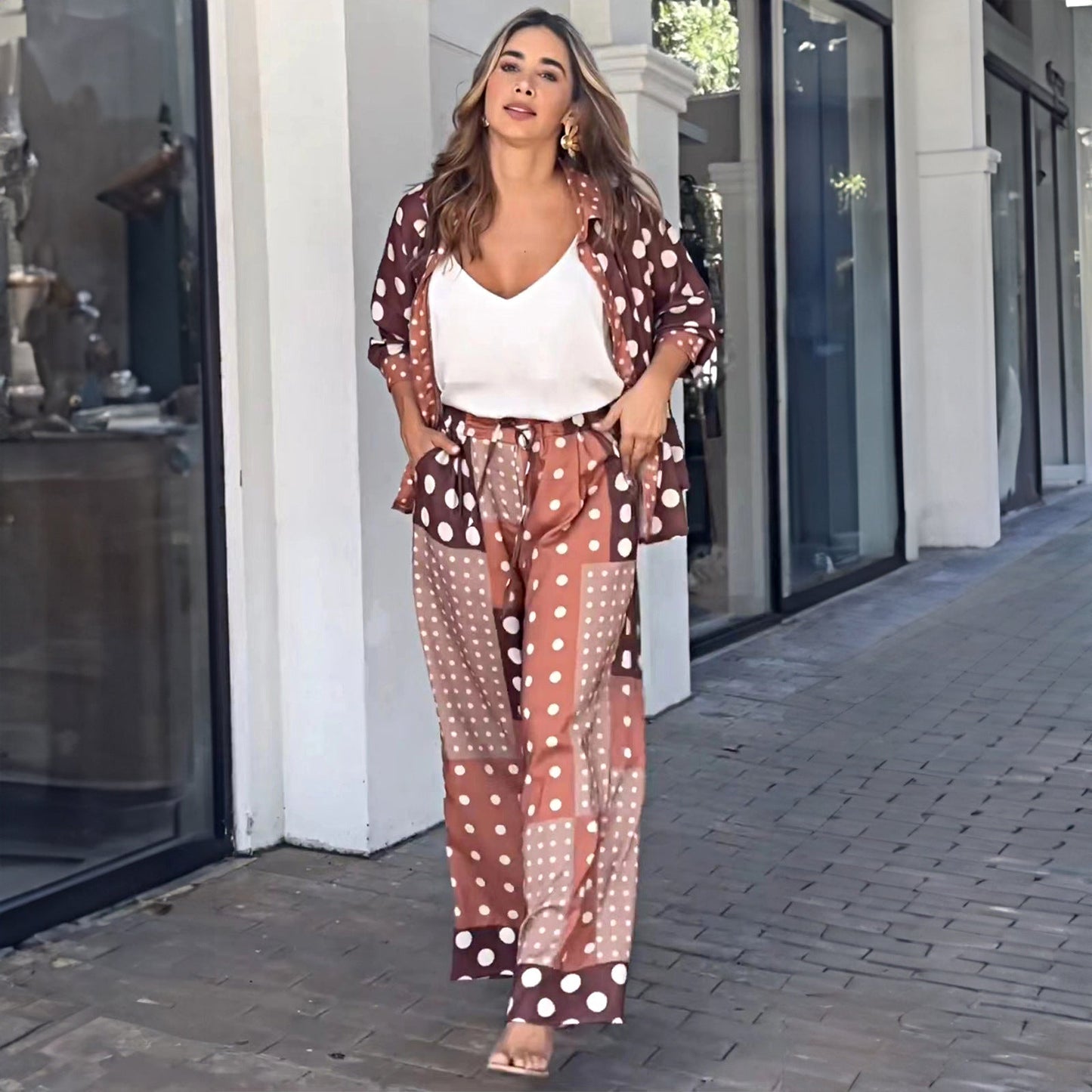 Autumn Winter Polka Dot Lace Wide Leg Pants Set for