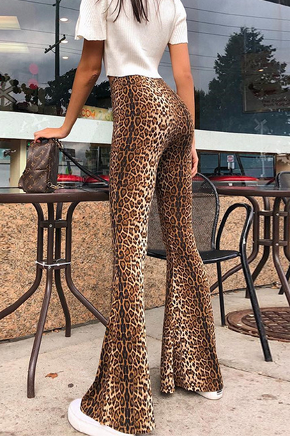 Street Animal Print Leopard Patchwork Basic Boot Cut High Waist Full Print Bottoms