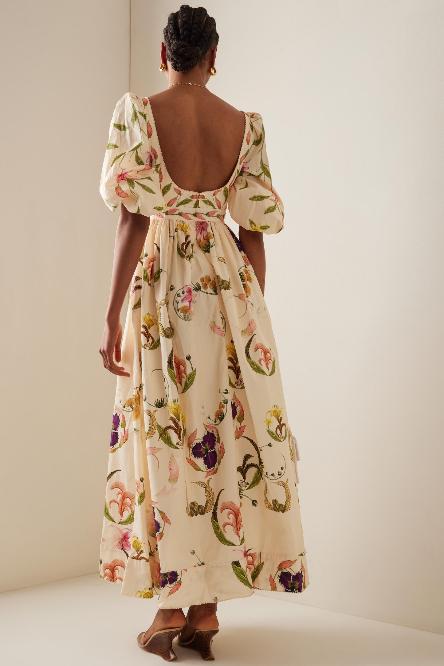 Embroidery Puff Sleeve Square Collar Midi Dress