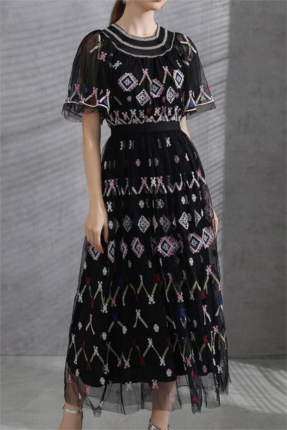 Mesh Embroidered Smocking Midi Dress