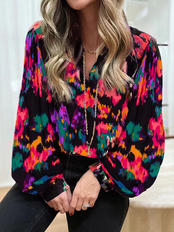 Long Sleeves Loose Printed V-neck Blouses&shirts Tops