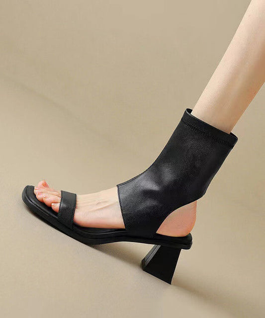 Hollow Out Chunky Sandals Black Cowhide Leather Oi077