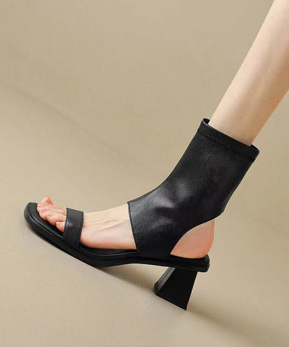 Hollow Out Chunky Sandals Black Cowhide Leather Oi077