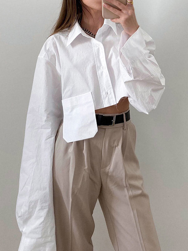 Long Sleeves Loose Asymmetric Buttoned Pockets Color Split-joint Lapel Blouses&shirts Tops