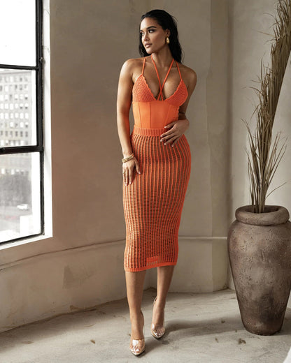 Summer Clothing Sling Bare Back Jumpsuit Hollow Out Knitted Skirt Set