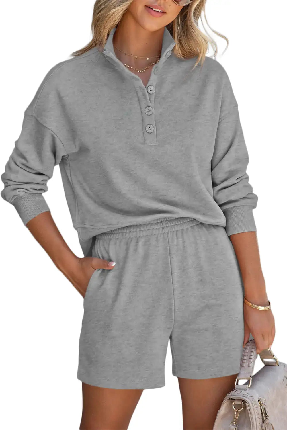 Gray High Neck Henley Top and Shorts