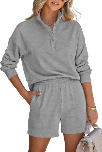 Gray High Neck Henley Top and Shorts