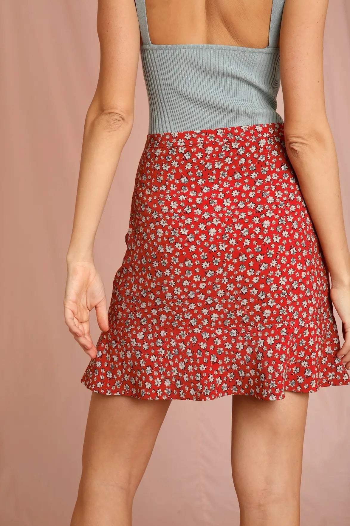 Silk Print Mini Skirt Red