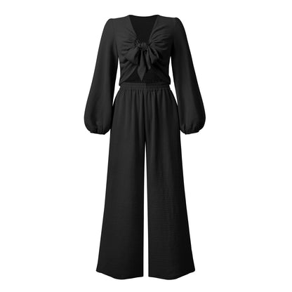 Autumn Clothing Cardigan Bundle Long Sleeve Top Wide Leg Trousers Set