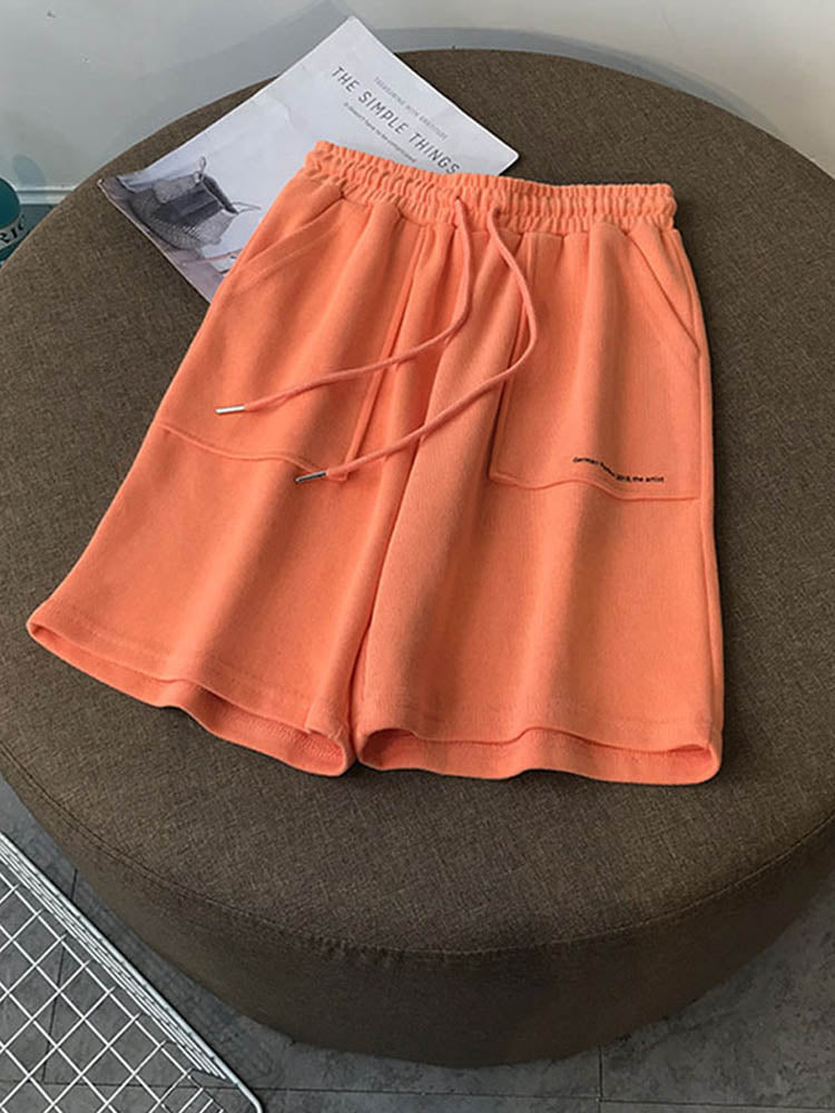 Summer High Waist Wide Leg Short Pants Black Knee Length Pants Drawstring Korean Pure Cotton Loose Holiday Trousers