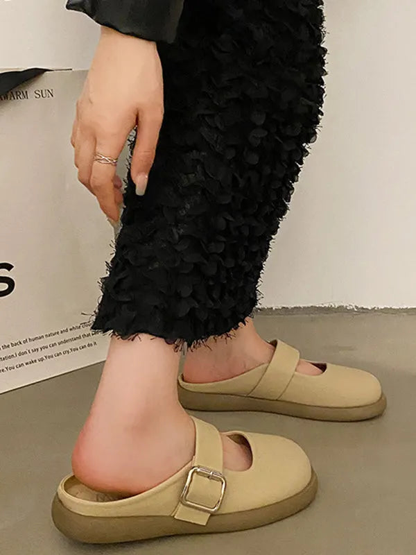 Belt Buckle Round-toe Shallow Cut Split-joint Platform Shoes Slippers&mules