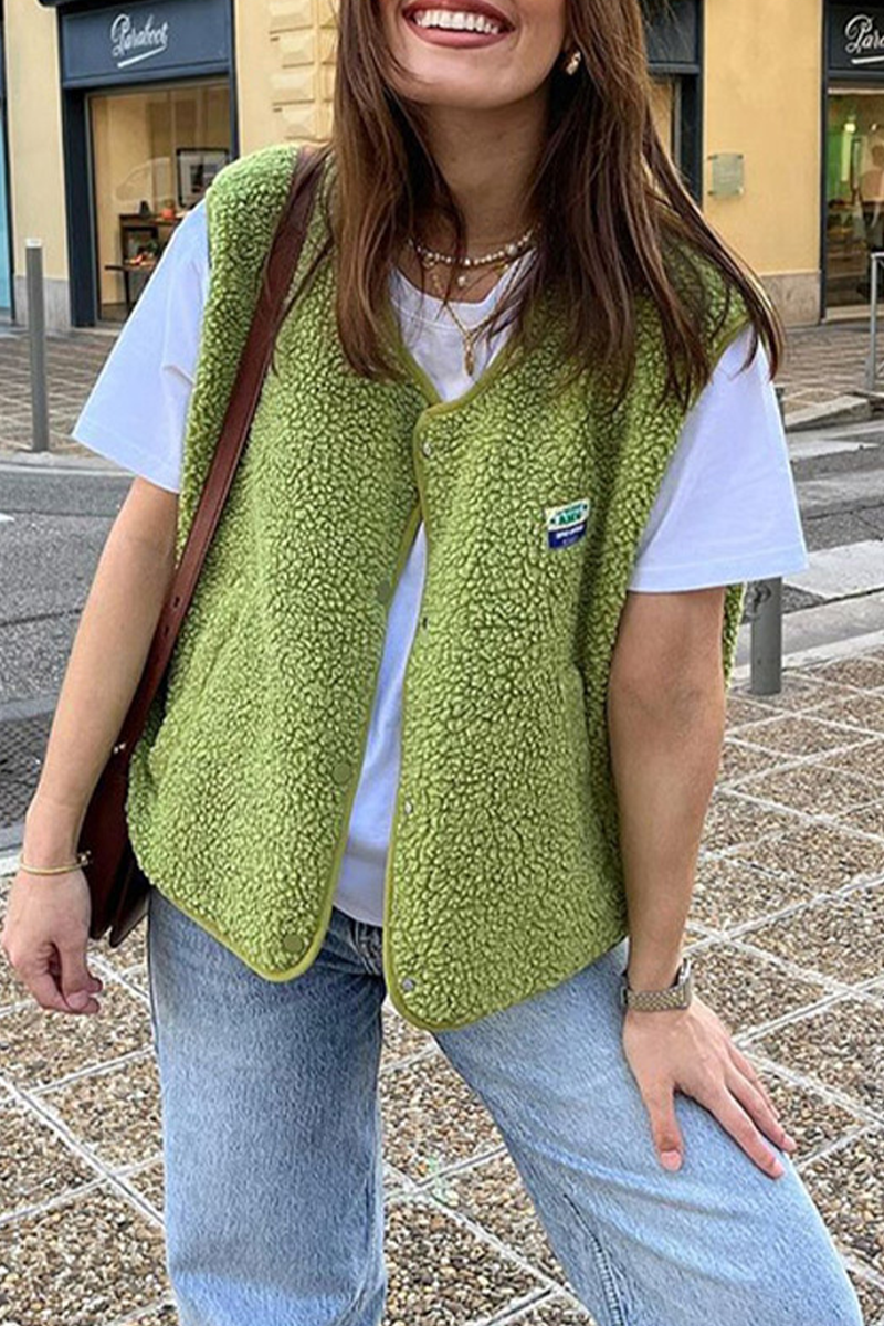 Street Pocket Buttons Fluffy O Neck Waistcoats(3 Colors)