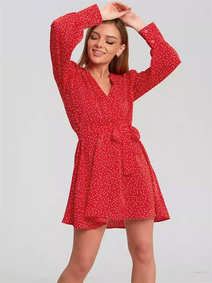 Tossy Lace-up High Waist V-neck Mini Dress for Slim Long Sleeve Bandage Dress Female Printed Dress Summer