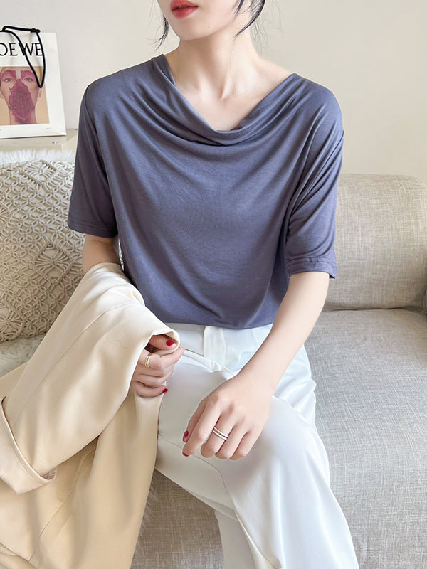Short Sleeves Pleated Color Heaps Collar T-shirts Tops