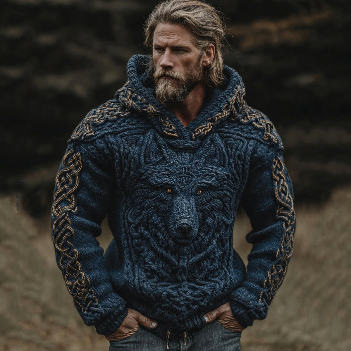 Men's Viking Wolf Celtic Knot Jacquard Knitted Hooded Sweater artswardrobe