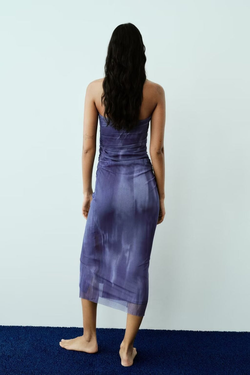Summer Tube Top Silk Net Printed Dress – Stylish Sleeveless Mini Dress
