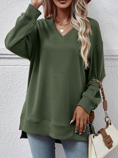 Autumn Winter Clothing Sweater Color V Neck Split Front Short Back Long Blouse