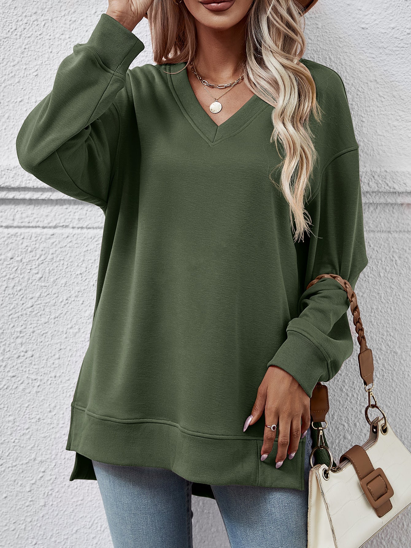 Autumn Winter Clothing Sweater Color V Neck Split Front Short Back Long Blouse