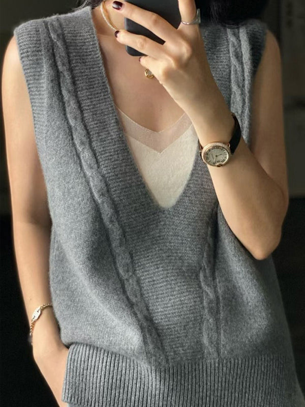 Loose Knitting Sleeveless Color V-neck Vest Top