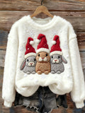 Bunnies With Christmas Hats Snowflakes Cozy Plush Sweatshirt