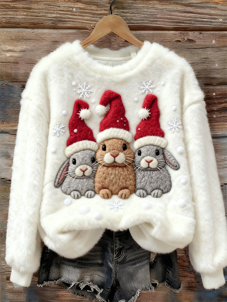 Bunnies With Christmas Hats Snowflakes Cozy Plush Sweatshirt