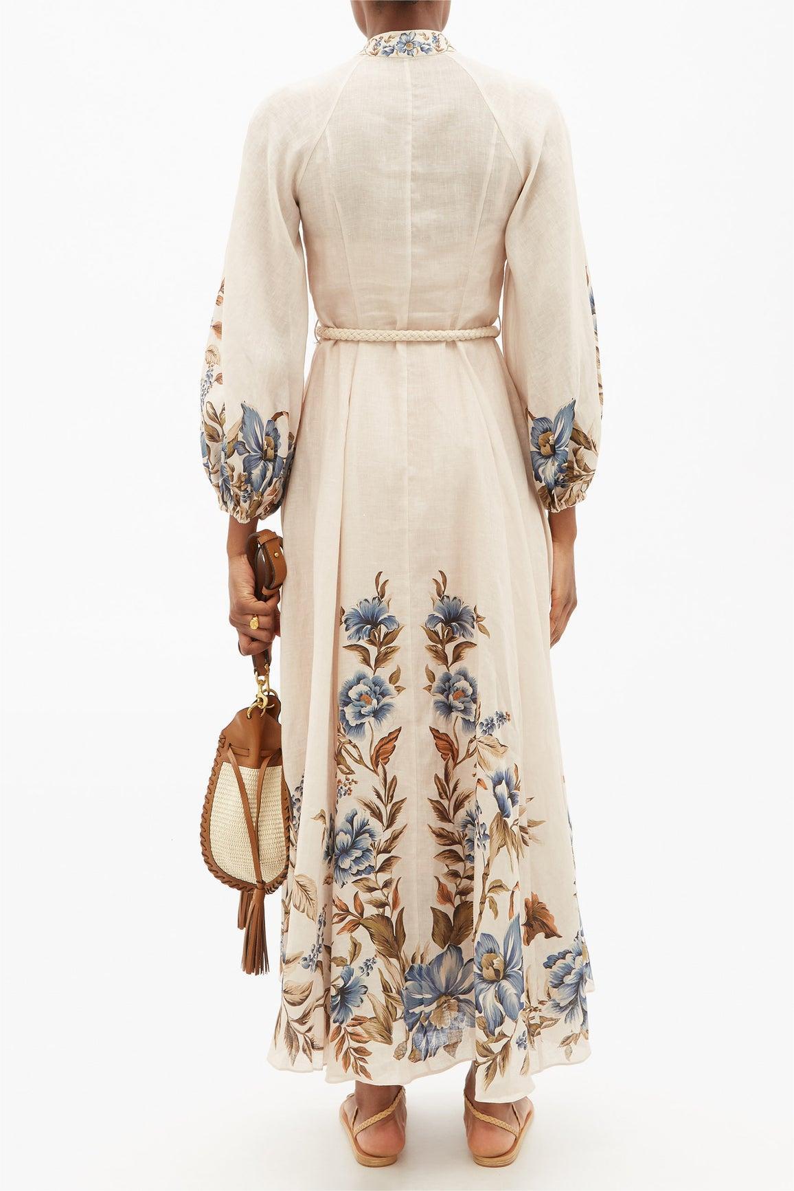 Lantern Sleeve Stand Collar Lace Up Midi Dress