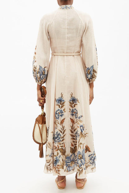 Lantern Sleeve Stand Collar Lace Up Midi Dress
