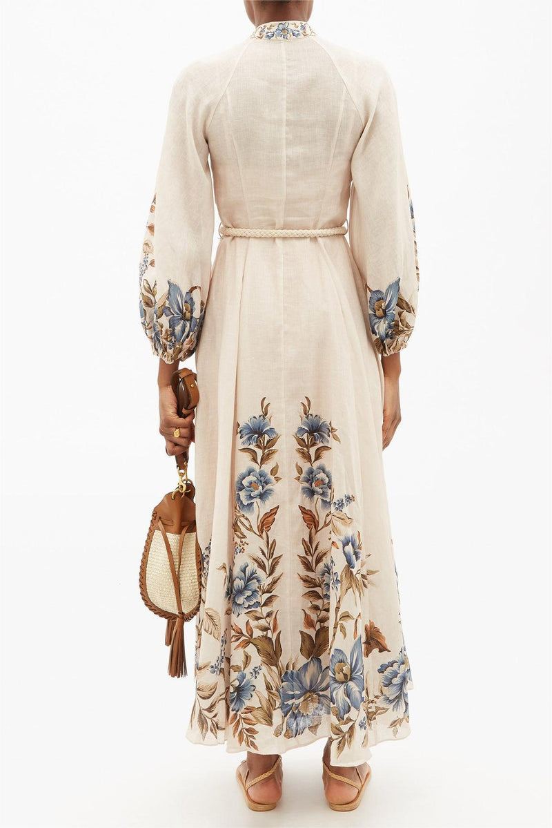 Lantern Sleeve Stand Collar Lace Up Midi Dress