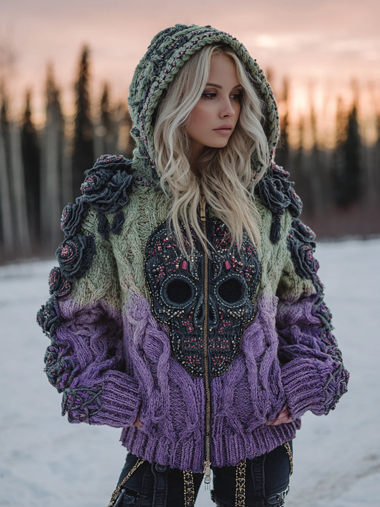 Women's Vintage Celtic Skull Gradient Art Cozy Knitted Hooded Cardigan elevenforest