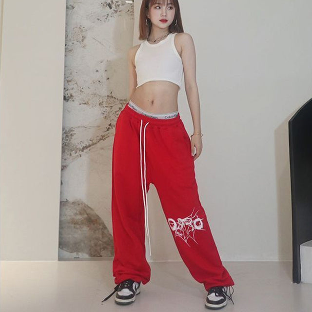 High Street Drawstring Loose Versatile Pants Jazz Dance Hiphop Print High Waist Sweatpants ’s Street Trousers