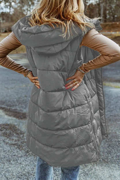 Stylish Dark Grey Quilted Hooded Long Vest Coat