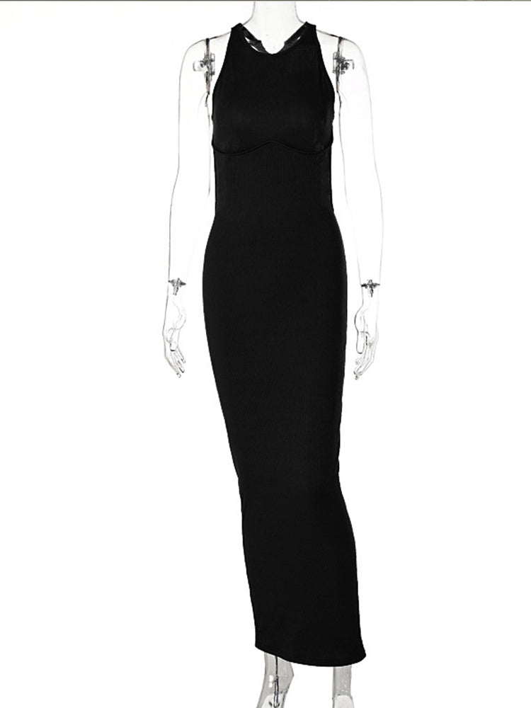 Ribbed Hollow Out Backless Sleeveless Slit Mini Dress Bodycon Summer Outfits Party Y2k