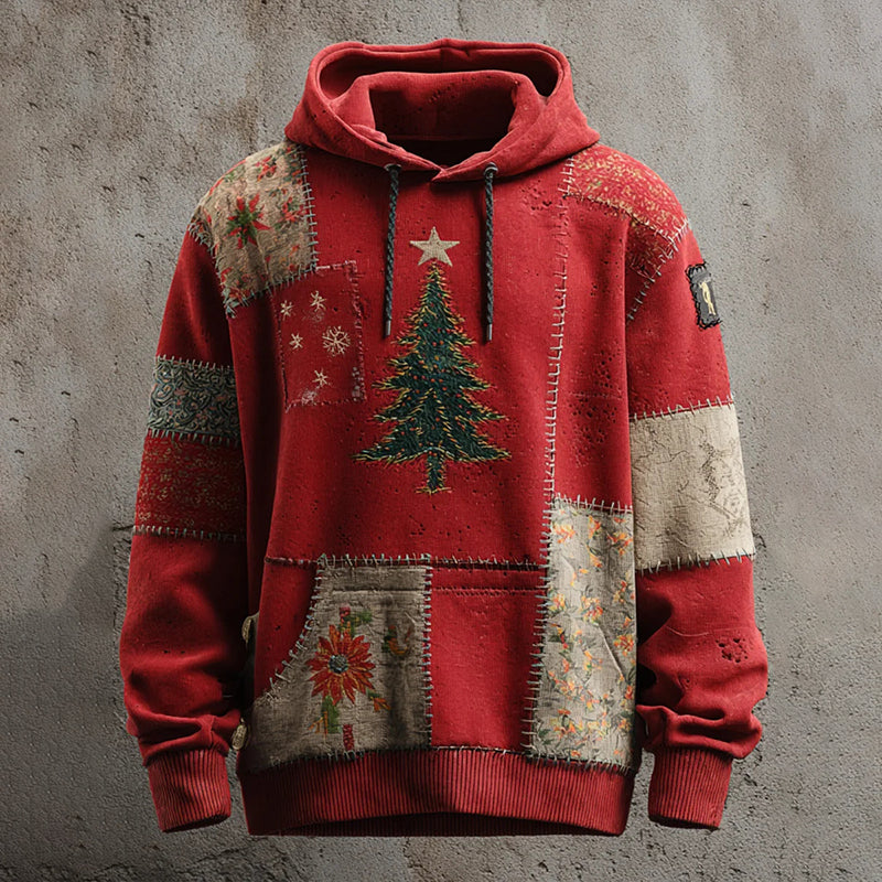 Comstylish Men's Vintage Christmas Tree Patchwork Art Print Casual Hoodie