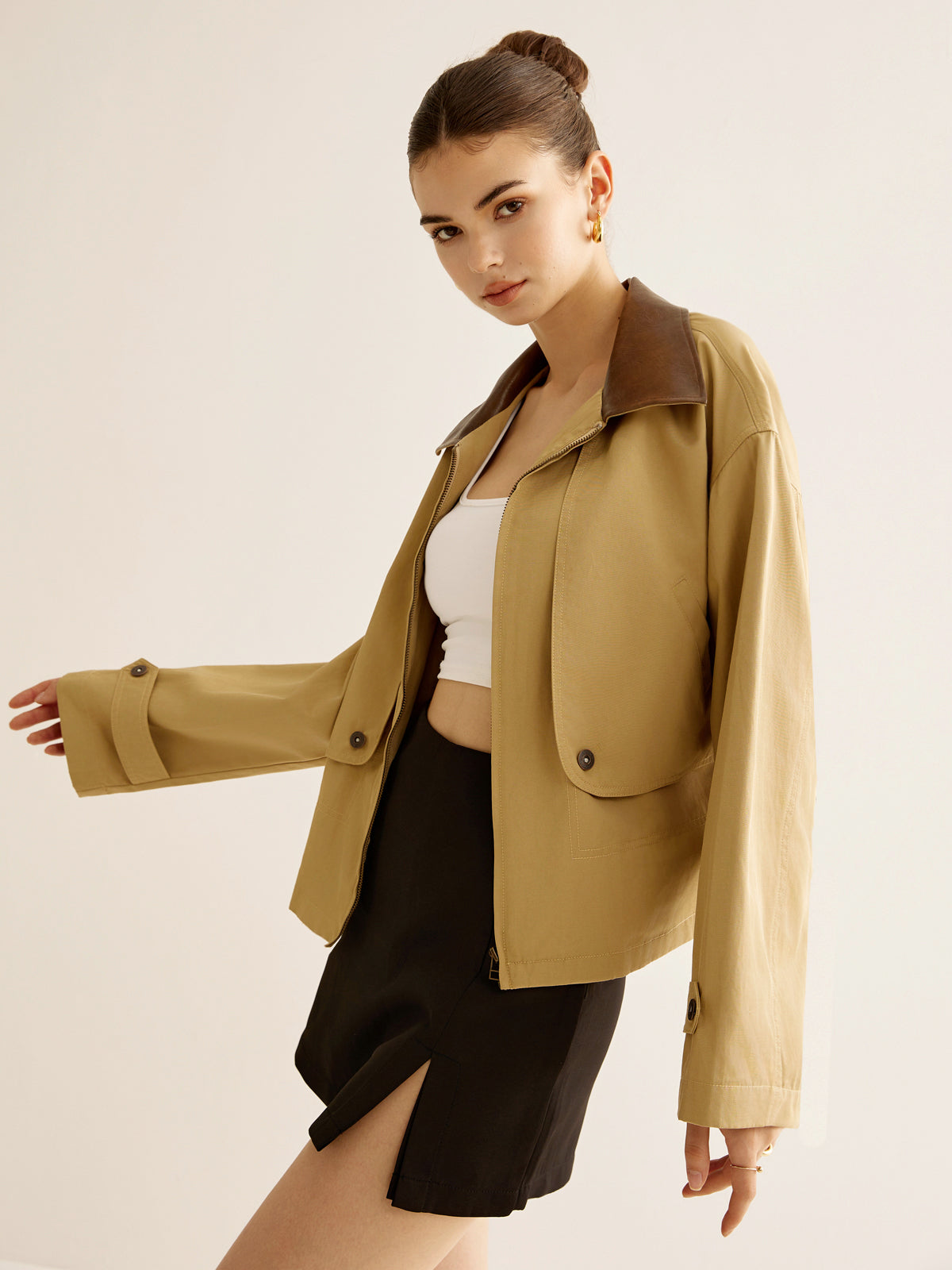 Contrast-collar Zipper Trench Coat