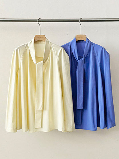 Long Sleeves Loose Color Split-joint Streamer High Neck Blouses