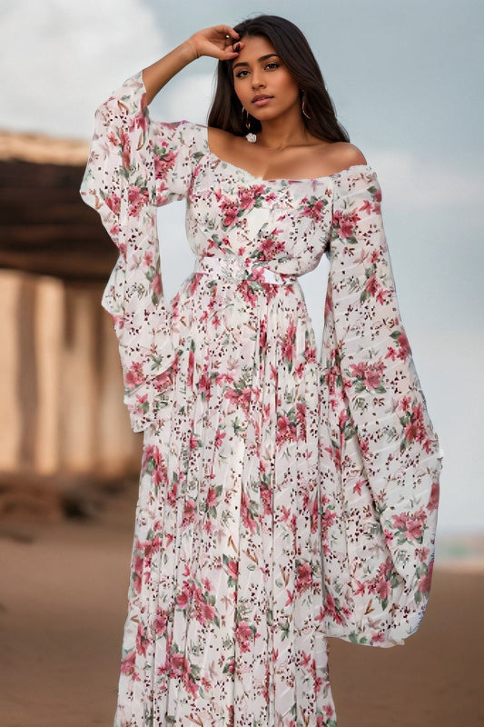 Clara Printed Off-shoulder Belted Maxi Dress